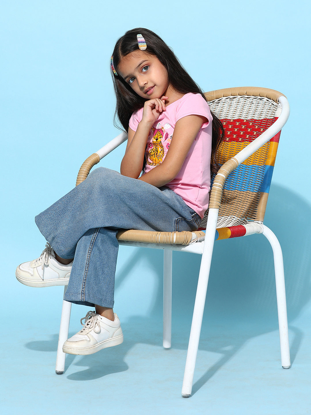 Girls Light Pink Lycra Printed Regular Fit T-shirt