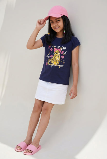 Girls Navy Blue Lycra Printed Regular Fit T-shirt
