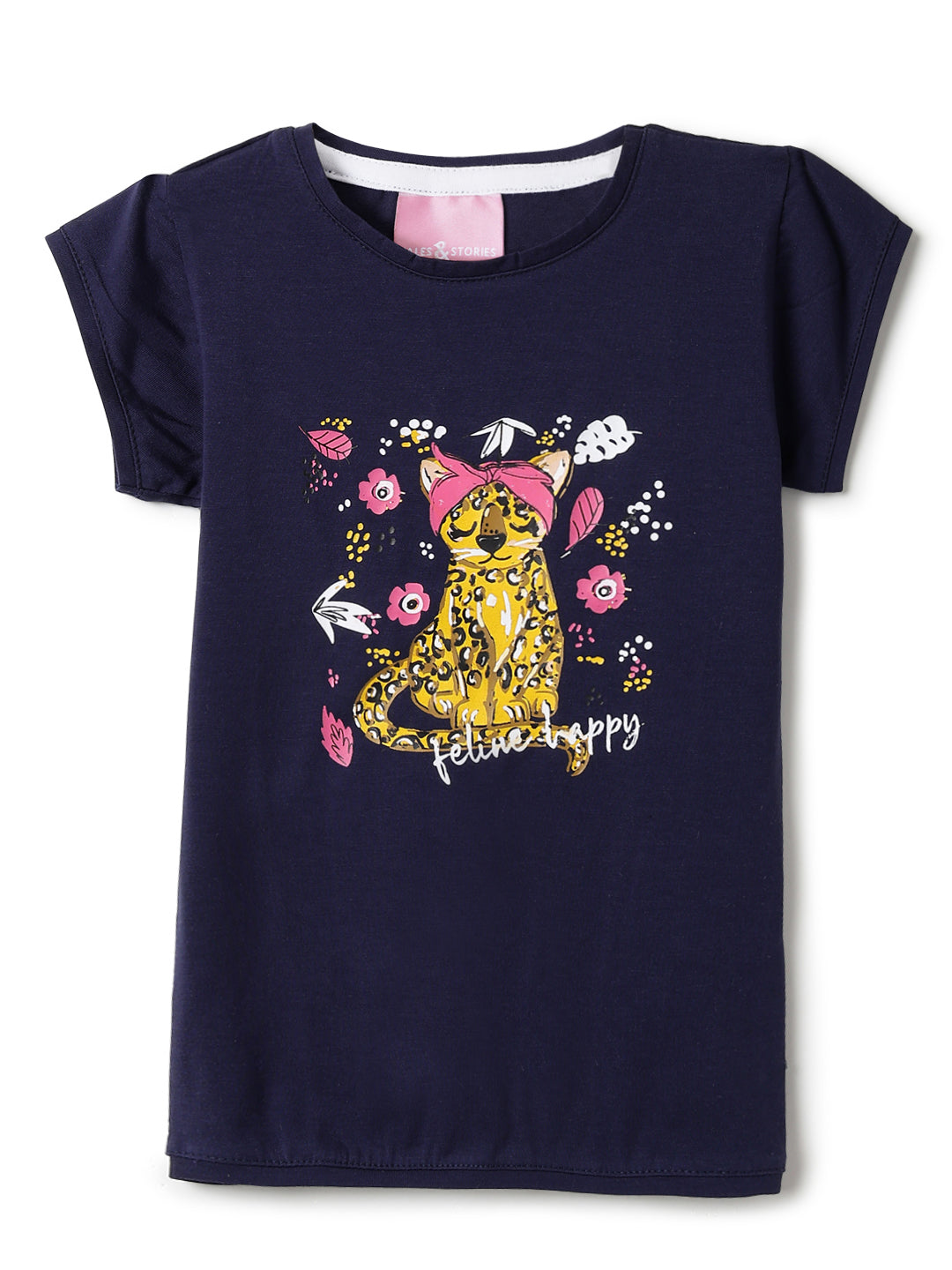 Girls Navy Blue Lycra Printed Regular Fit T-shirt