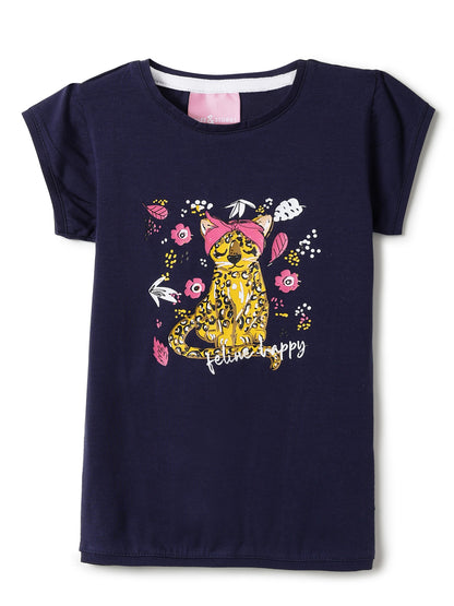 Girls Navy Blue Lycra Printed Regular Fit T-shirt