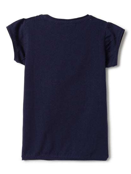 Girls Navy Blue Lycra Printed Regular Fit T-shirt