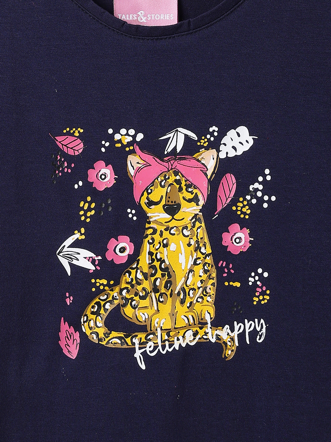 Girls Navy Blue Lycra Printed Regular Fit T-shirt