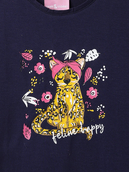 Girls Navy Blue Lycra Printed Regular Fit T-shirt