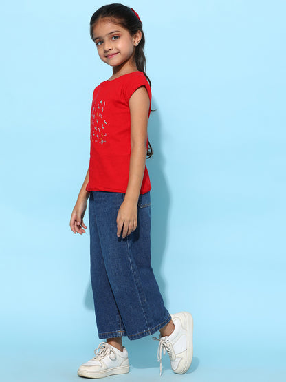 Girls Red Lycra Embroidered Regular Fit T-shirt