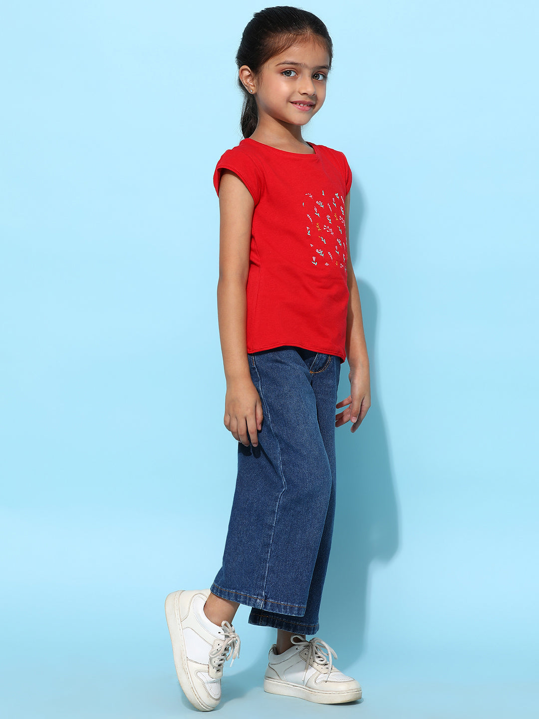 Girls Red Lycra Embroidered Regular Fit T-shirt