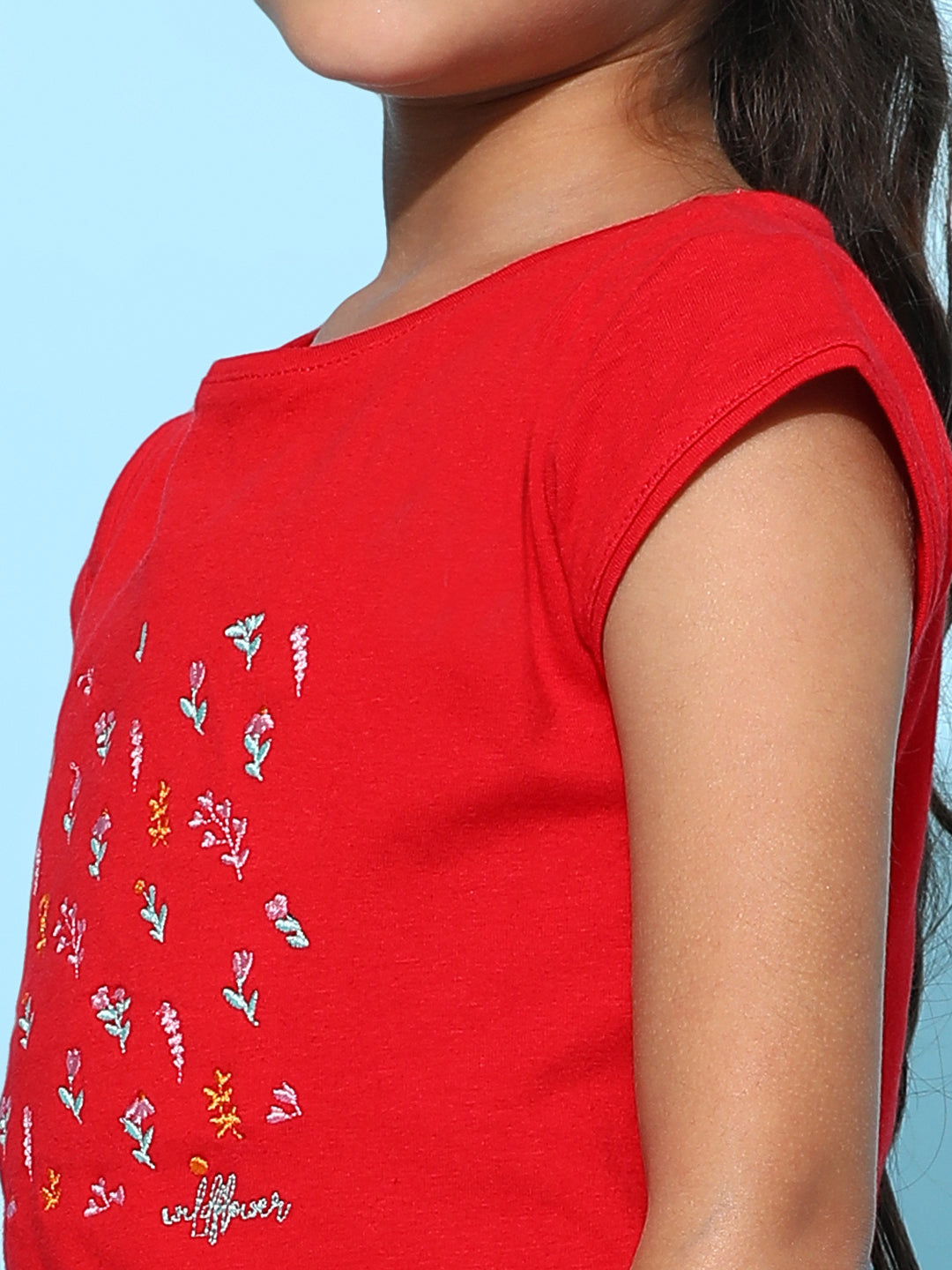 Girls Red Lycra Embroidered Regular Fit T-shirt
