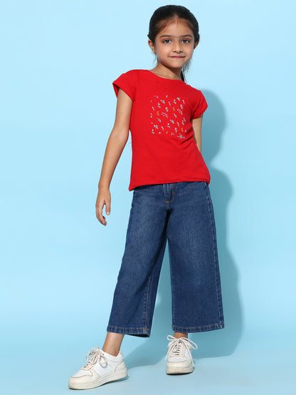 Girls Red Lycra Embroidered Regular Fit T-shirt