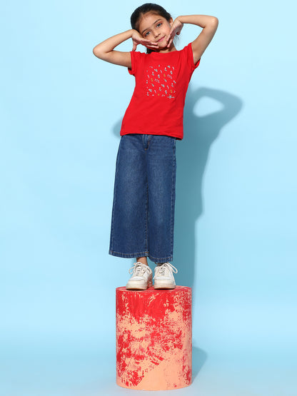 Girls Red Lycra Embroidered Regular Fit T-shirt