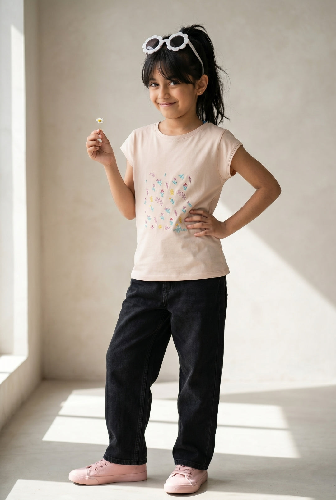 Girls Vanila Lycra Embroidered Regular Fit T-shirt