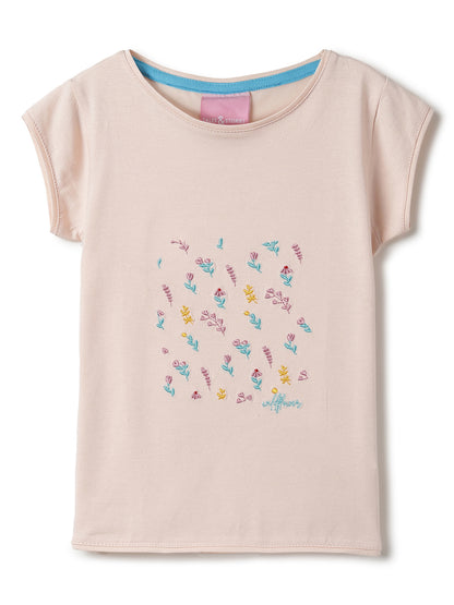 Girls Vanila Lycra Embroidered Regular Fit T-shirt