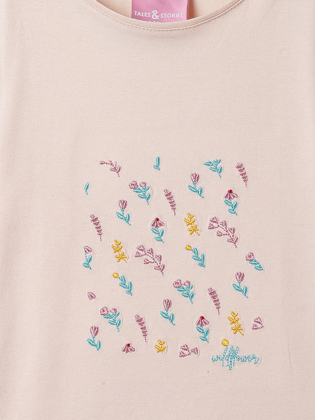 Girls Vanila Lycra Embroidered Regular Fit T-shirt