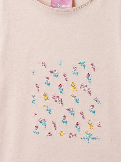 Girls Vanila Lycra Embroidered Regular Fit T-shirt