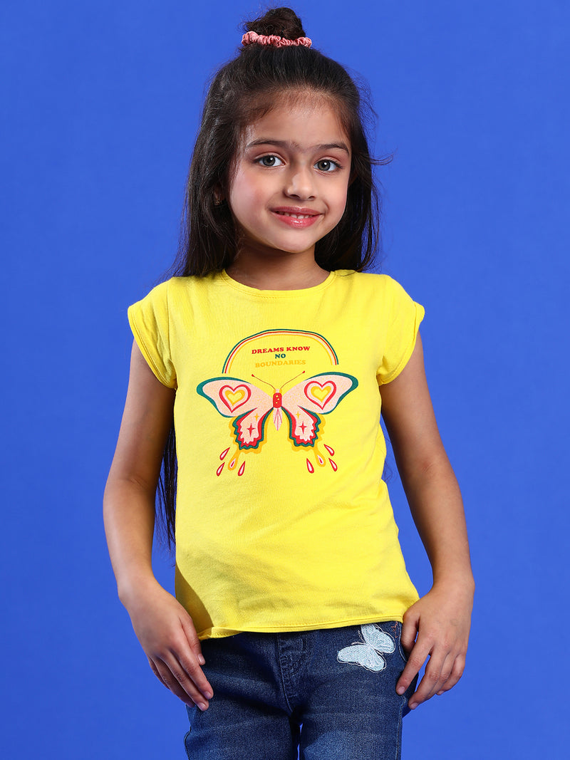 Girls Printed Yellow Cotton Regular Fit T-Shirts