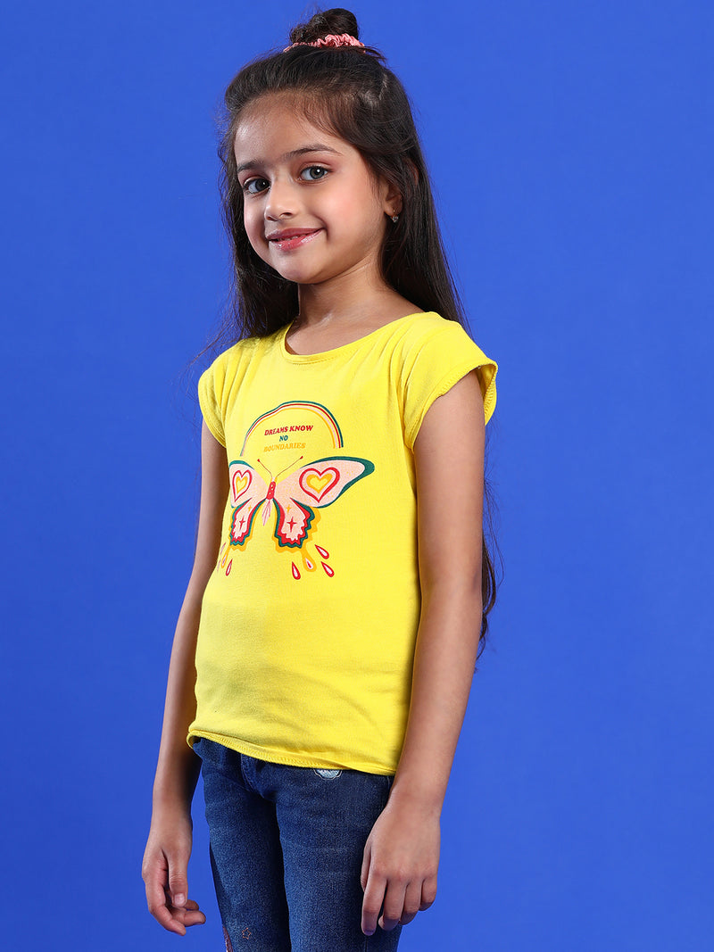 Girls Printed Yellow Cotton Regular Fit T-Shirts