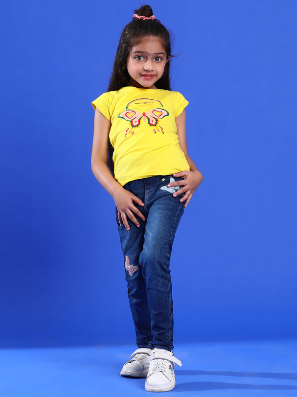 Girls Printed Yellow Cotton Regular Fit T-Shirts