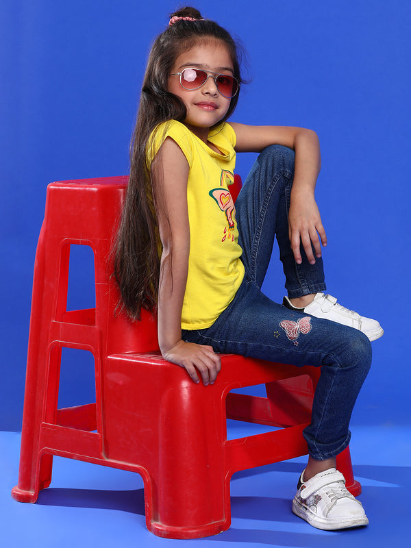 Girls Printed Yellow Cotton Regular Fit T-Shirts