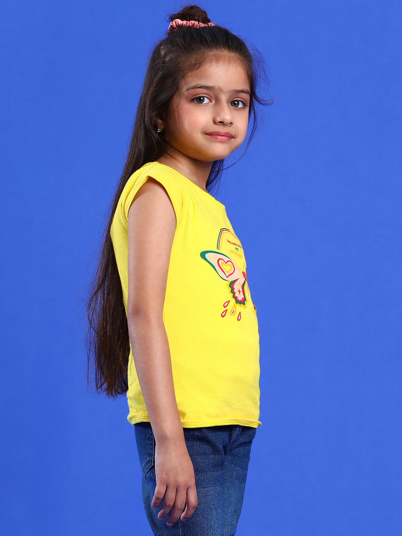 Girls Printed Yellow Cotton Regular Fit T-Shirts