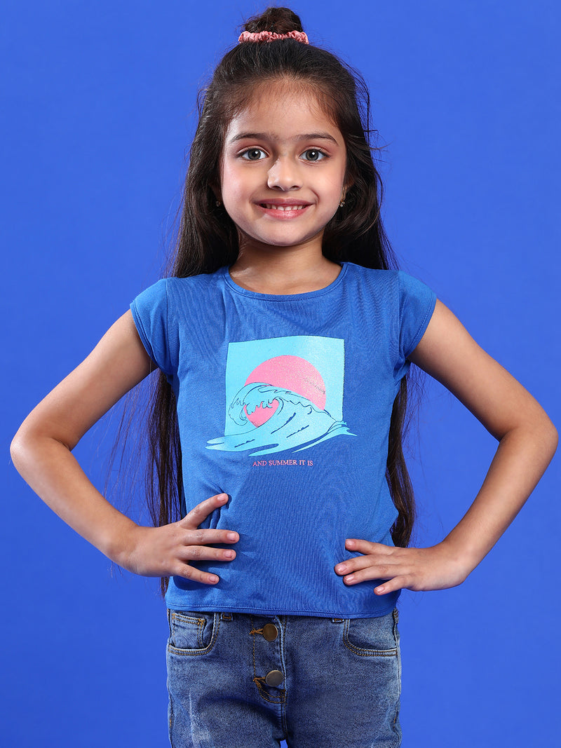 Girls Printed Royal Blue Cotton Regular Fit T-Shirts