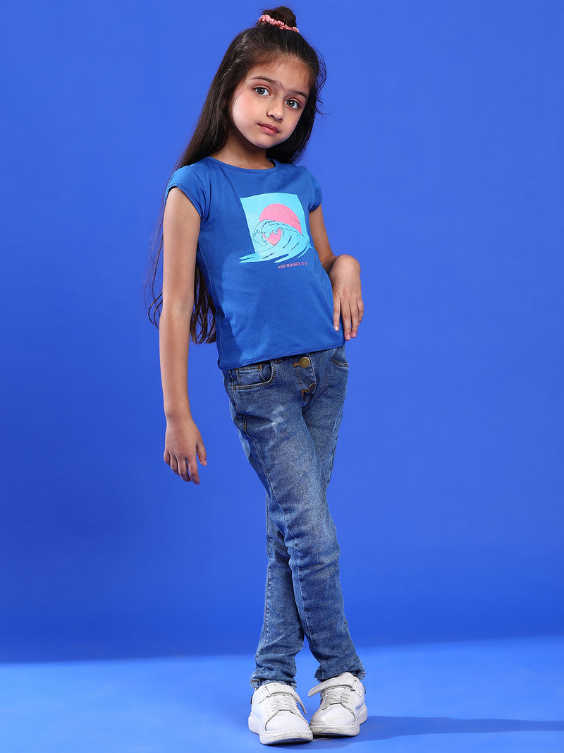 Girls Printed Royal Blue Cotton Regular Fit T-Shirts