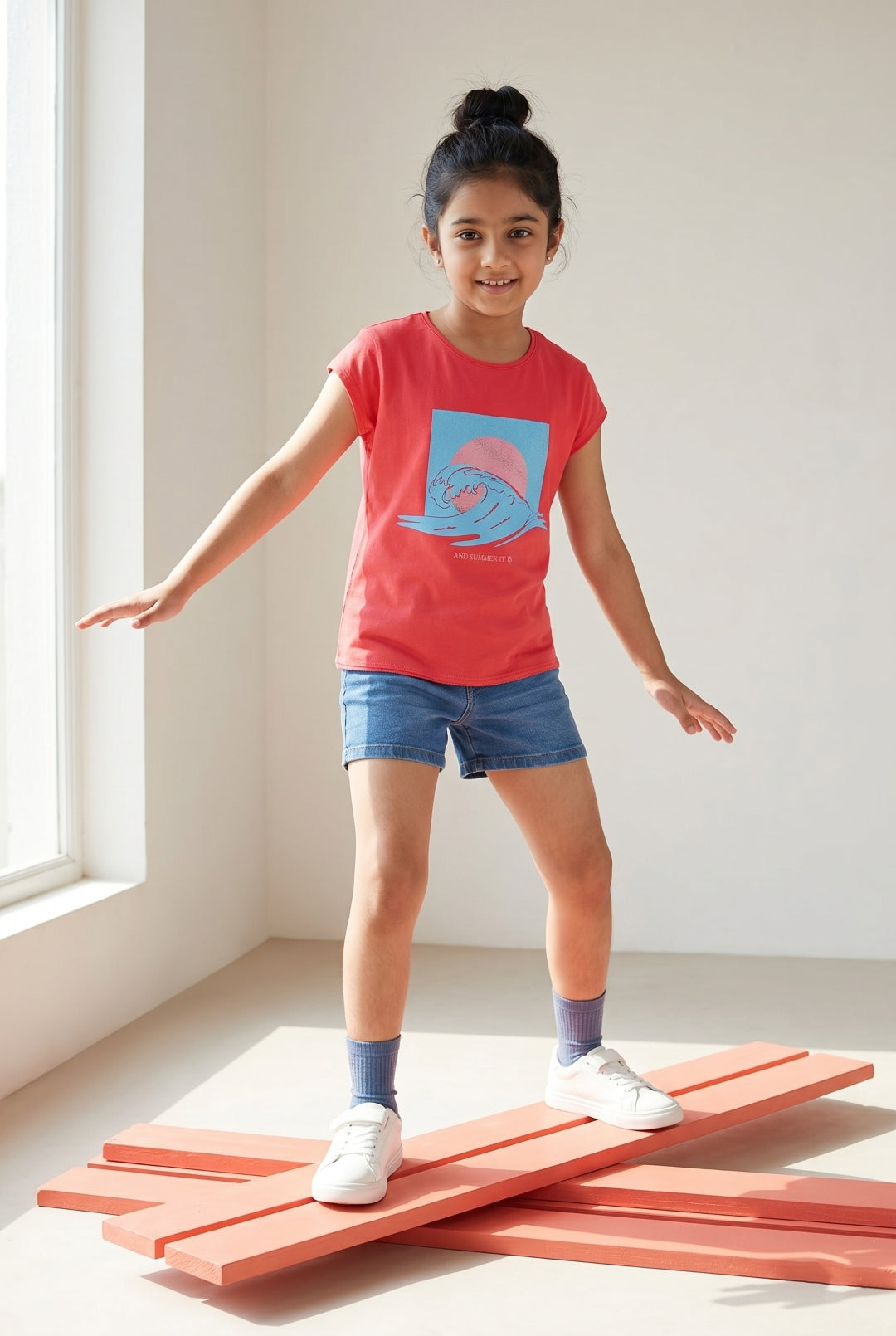 Girls Printed Dark Pink Cotton Regular Fit T-Shirts