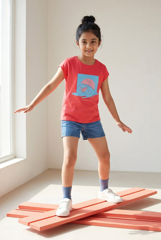 Girls Printed Dark Pink Cotton Regular Fit T-Shirts