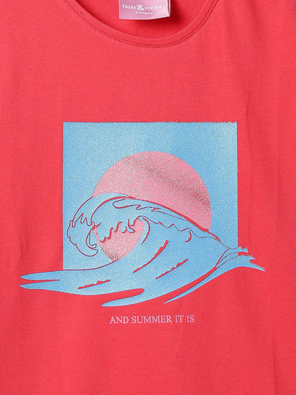 Girls Printed Dark Pink Cotton Regular Fit T-Shirts