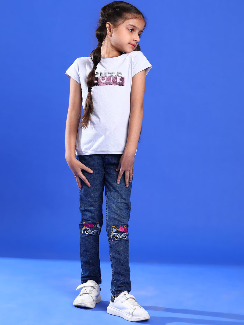 Girls Printed Dark Pink Cotton Regular Fit T-Shirts