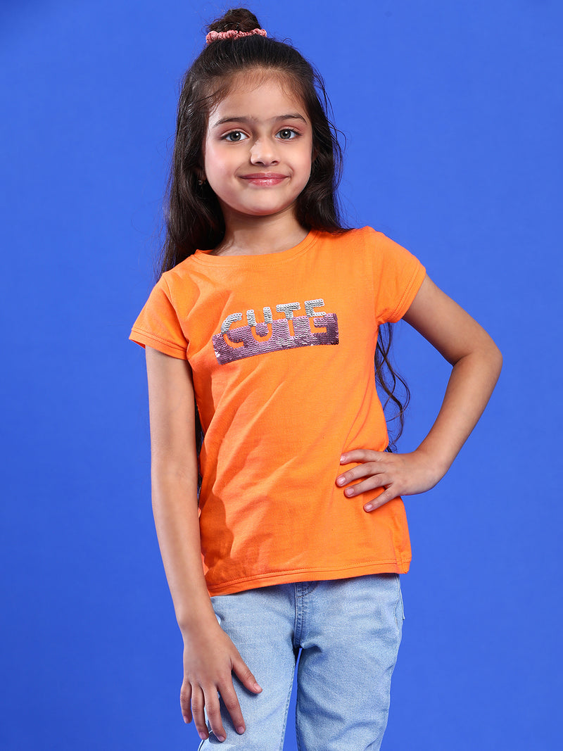 Girls Printed Orange Cotton Regular Fit T-Shirts