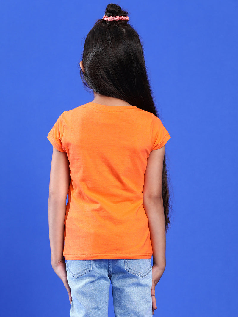 Girls Printed Orange Cotton Regular Fit T-Shirts