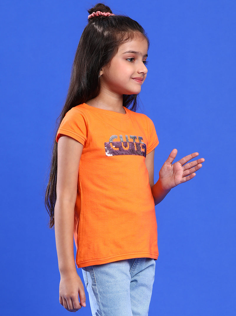 Girls Printed Orange Cotton Regular Fit T-Shirts