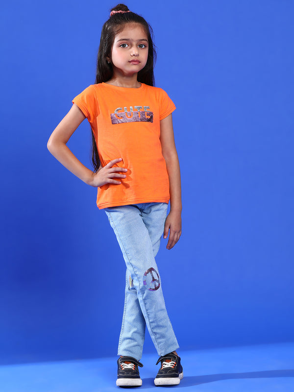 Girls Printed Orange Cotton Regular Fit T-Shirts