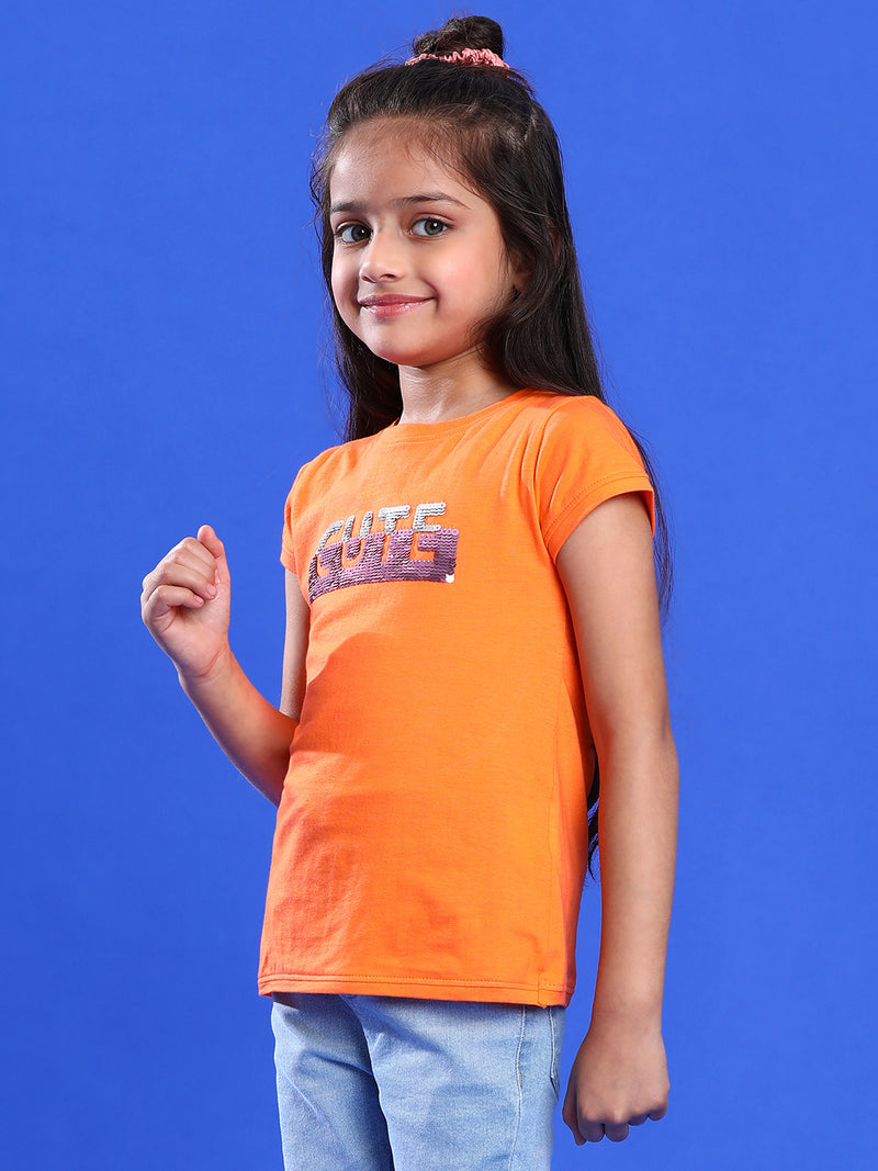 Girls Printed Orange Cotton Regular Fit T-Shirts