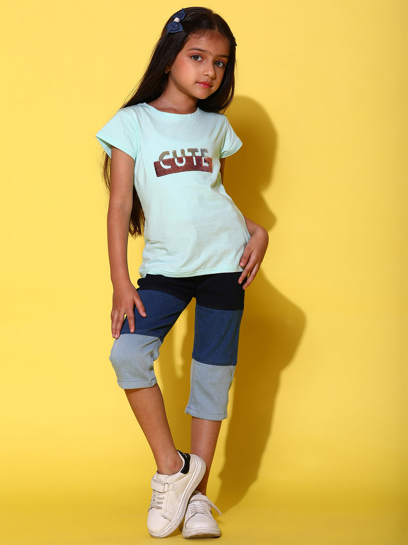 Girls Printed Aqua Cotton Regular Fit T-Shirts