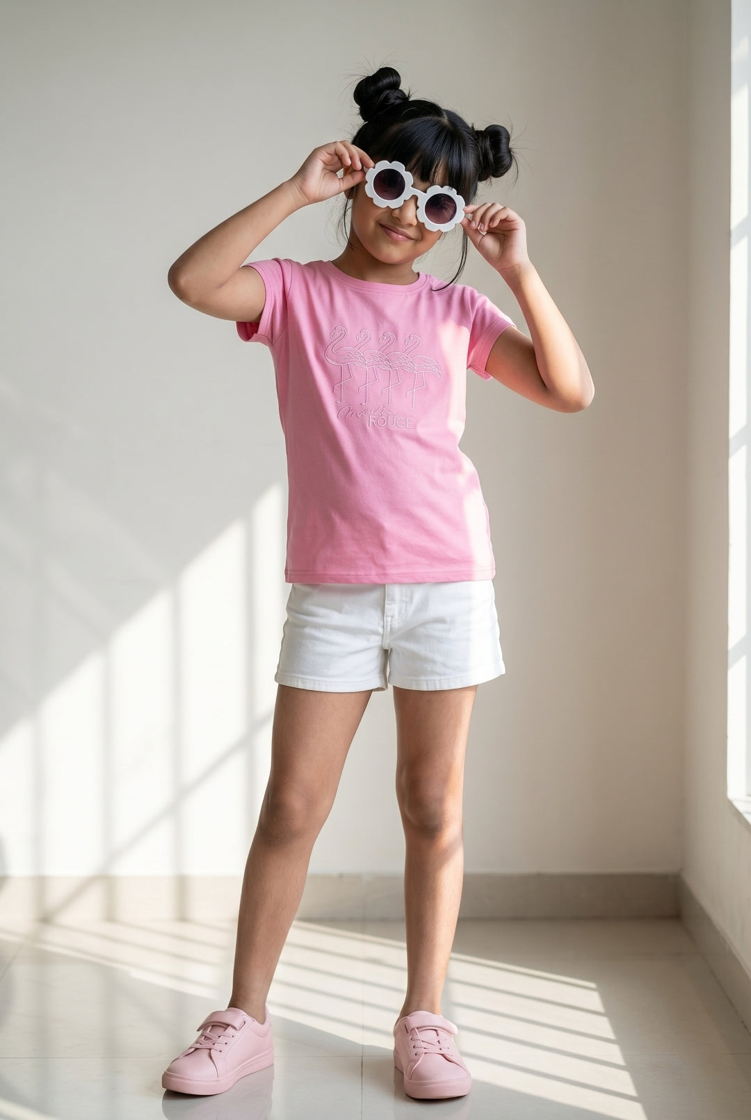 Girls Printed Hot Pink Cotton Regular Fit T-Shirts