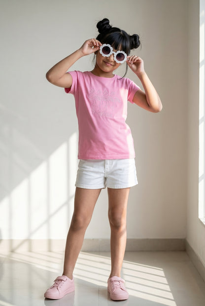 Girls Printed Hot Pink Cotton Regular Fit T-Shirts