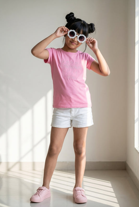 Girls Printed Hot Pink Cotton Regular Fit T-Shirts