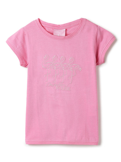 Girls Printed Hot Pink Cotton Regular Fit T-Shirts