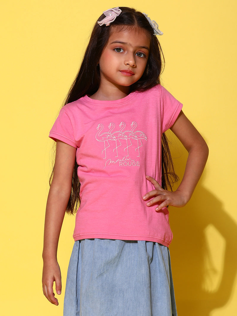 Girls Printed Hot Pink Cotton Regular Fit T-Shirts