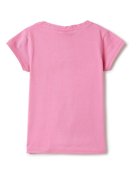 Girls Printed Hot Pink Cotton Regular Fit T-Shirts
