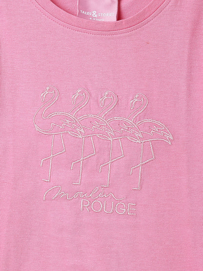 Girls Printed Hot Pink Cotton Regular Fit T-Shirts