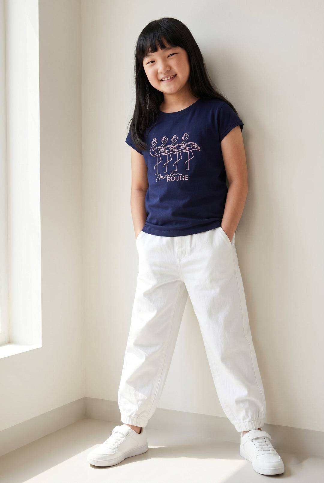 Girls Printed Navy Blue Cotton Regular Fit T-Shirts