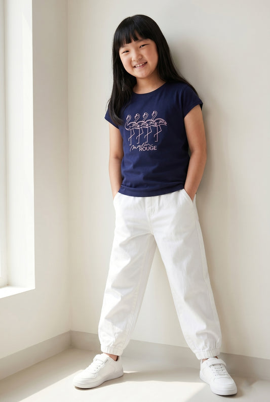Girls Printed Navy Blue Cotton Regular Fit T-Shirts