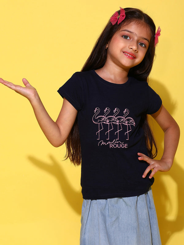 Girls Printed Navy Blue Cotton Regular Fit T-Shirts