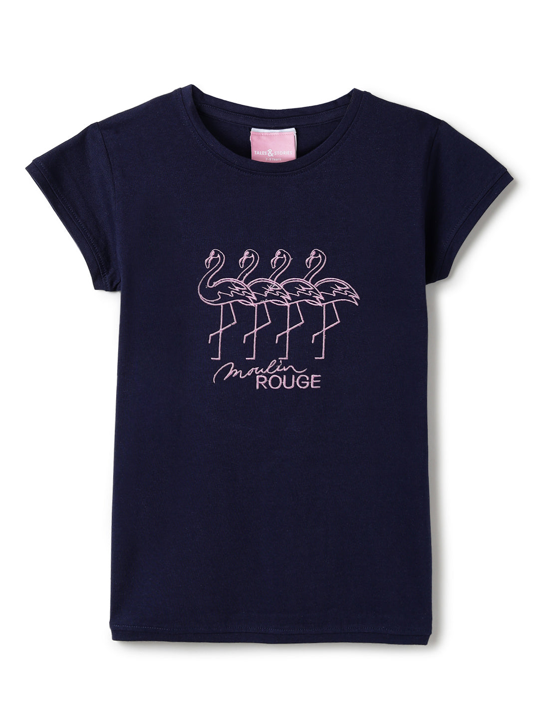 Girls Printed Navy Blue Cotton Regular Fit T-Shirts