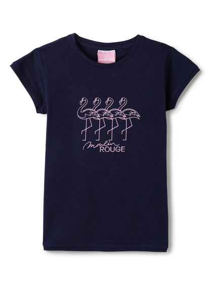 Girls Printed Navy Blue Cotton Regular Fit T-Shirts
