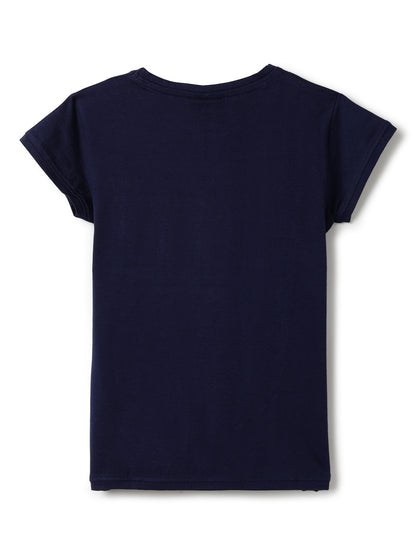 Girls Printed Navy Blue Cotton Regular Fit T-Shirts