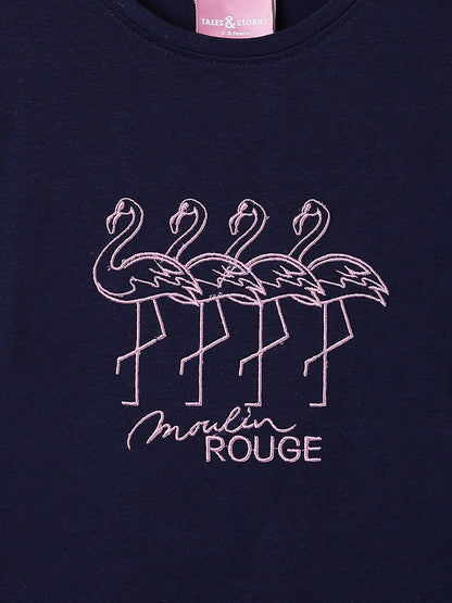 Girls Printed Navy Blue Cotton Regular Fit T-Shirts