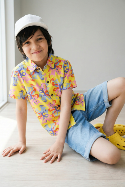 Boys Printed Yellow Rayon Regular Fit Half Sleeve Shirt