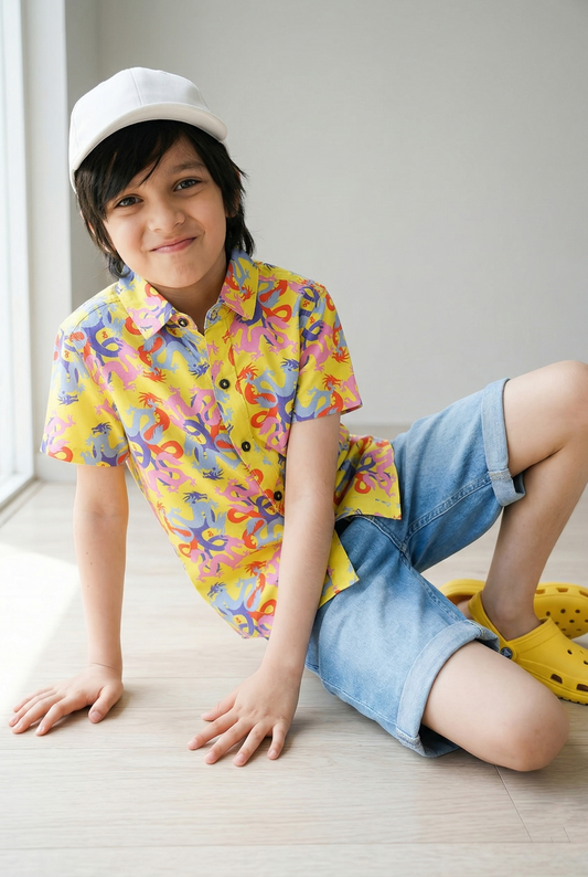 Boys Printed Yellow Rayon Regular Fit Half Sleeve Shirt