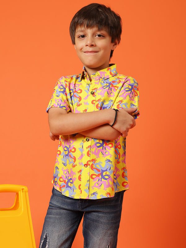 Boys Printed Yellow Rayon Regular Fit Half Sleeve Shirt